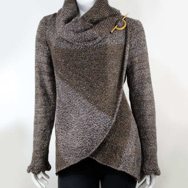 Hand Knit Alpaca Wool Cardigan: Brown Tones, Open Sweater, Wooden Brooch