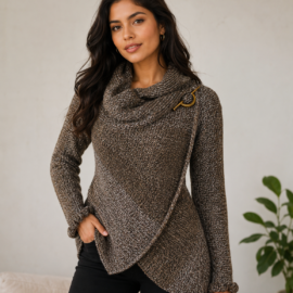 Hand Knit Alpaca Wool Cardigan: Brown Tones, Open Sweater, Wooden Brooch