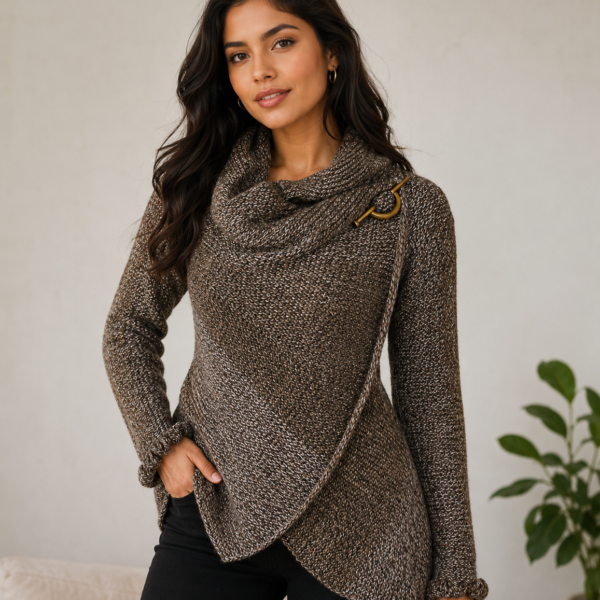 Hand Knit Alpaca Wool Cardigan: Brown Tones, Open Sweater, Wooden Brooch