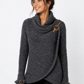 Handmade Alpaca Knit Cardigan: Dark Gray, Open Sweater, Wooden Brooch