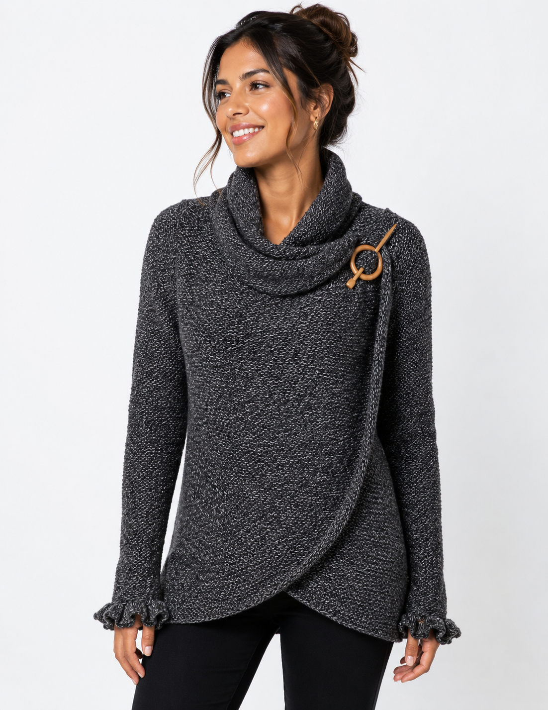 Handmade Alpaca Knit Cardigan: Dark Gray, Open Sweater, Wooden Brooch