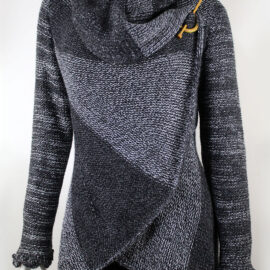 Hand Knit Alpaca Wool Cardigan: Gray Tones, Open Sweater, Wooden Brooch