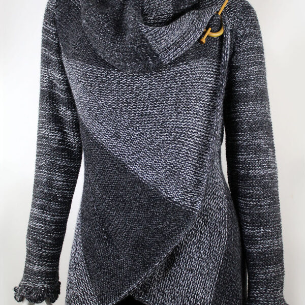 Hand Knit Alpaca Wool Cardigan: Gray Tones, Open Sweater, Wooden Brooch