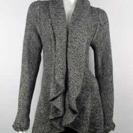 Handmade Alpaca Knit Cardigan: Brown Mix Thread, Open Sweater, Wooden Brooch