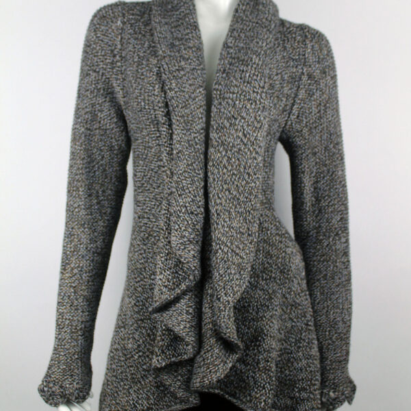 Handmade Alpaca Knit Cardigan: Brown Mix Thread, Open Sweater, Wooden Brooch