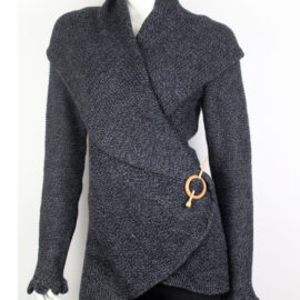Handmade Alpaca Knit Cardigan: Dark Gray, Open Sweater, Wooden Brooch