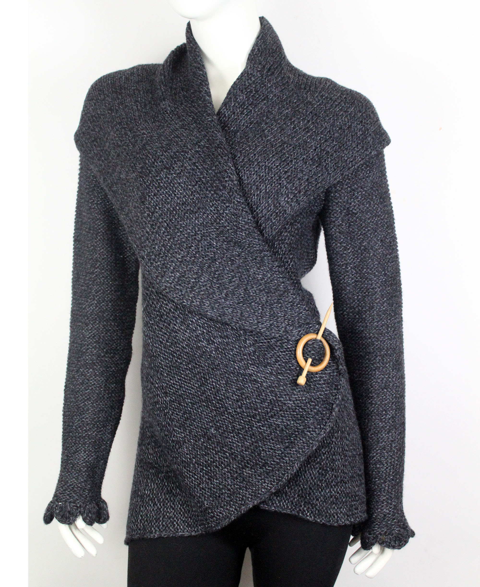 Handmade Alpaca Knit Cardigan: Dark Gray, Open Sweater, Wooden Brooch - Image 2