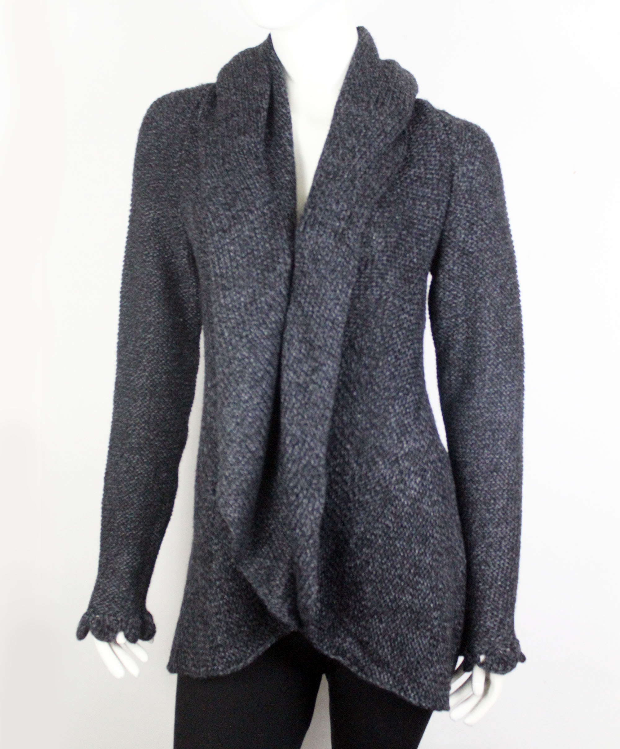 Handmade Alpaca Knit Cardigan: Dark Gray, Open Sweater, Wooden Brooch - Image 3