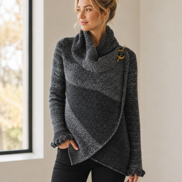 Hand Knit Alpaca Wool Cardigan: Gray Tones, Open Sweater, Wooden Brooch